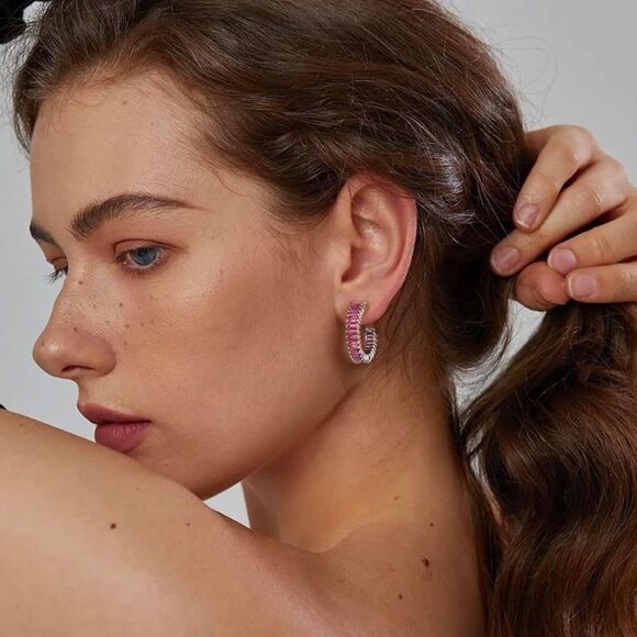 14K White Gold with Rosy Pink Sapphire Cubic Zirconia Hoop Leverback Earrings - Picture 7 of 7